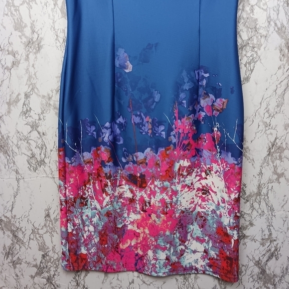 ADRIANNA PAPELL  Floral Print Scuba Sheath Dress Women's Blue Size 8 Above Knee - Picture 4 of 9